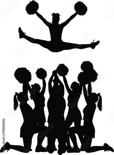 Cheerleader group dancing with pompom editable vector illustration icons. Silhouettes of dancing cheerleaders. Cheerleading icons