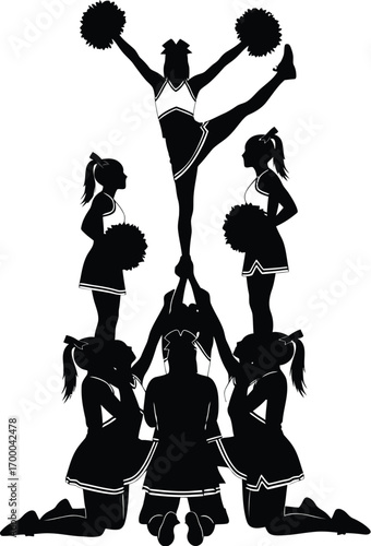 Cheerleader group dancing with pompom editable vector illustration icons. Silhouettes of dancing cheerleaders. Cheerleading icons