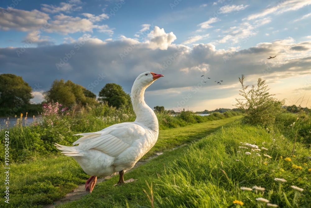 Obraz premium Majestic White Goose Walking Along a Tranquil Riverside at Sunset