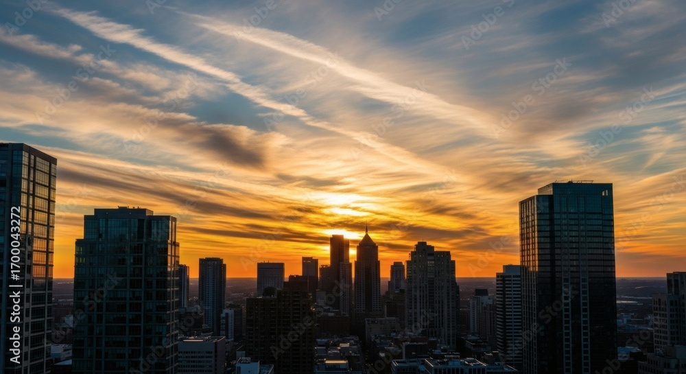 Fototapeta premium City skyline at sunset with dramatic clouds