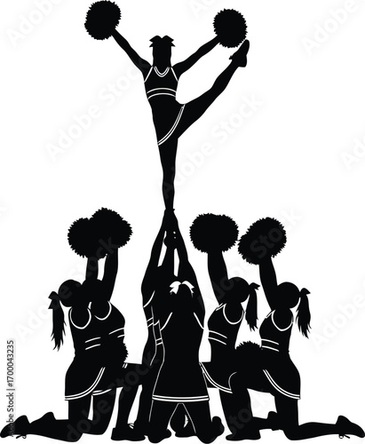 Cheerleader group dancing with pompom editable vector illustration icons. Silhouettes of dancing cheerleaders. Cheerleading icons