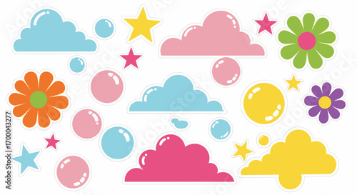 colorful clouds, bubbles, and flowers design elements.