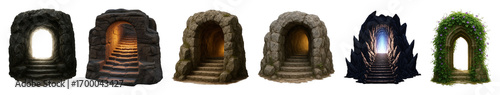 Fantasy cave entrance set including rocky, illuminated, mossy, dark, and vine-covered archways isolated. Mystical game assets and adventure portals.