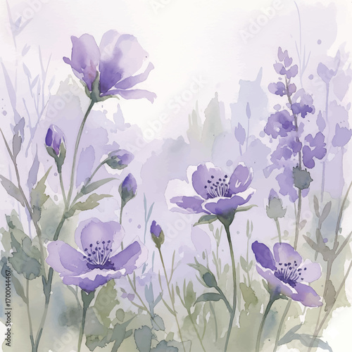 Watercolor lavender flowers background, Wildflowers in watercolor style, Hand-painted floral background, Soft purple flowers watercolor art