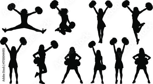 Cheerleader group dancing with pompom editable vector illustration icons. Silhouettes of dancing cheerleaders. Cheerleading icons