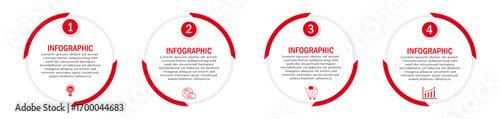 Business process timeline visualization with circular white diagram | 4 steps infographic modern 90 degree two side red border for corporate background for presentation, chart with icon