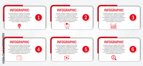 Business process visualization with timeline with white diagram  | 6 steps infographic modern red corporate background for presentation, chart, data representation with icon
