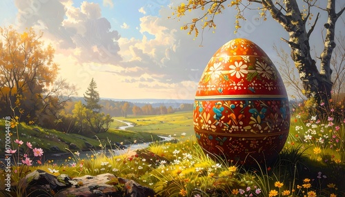A vibrantly decorated Easter egg rests amidst a picturesque landscape of rolling hills, wildflowers, and a meandering stream, bathed in the warm glow of a spring day.