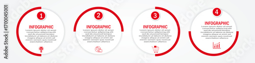 Business process timeline visualization with circular white diagram | 4 steps infographic modern 180 degree one side blue border for corporate background for presentation, chart with icon