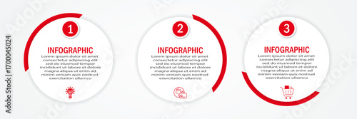 Business process timeline visualization with circular white diagram | 3 steps infographic modern 90 degree red border for corporate background for presentation, chart with icon