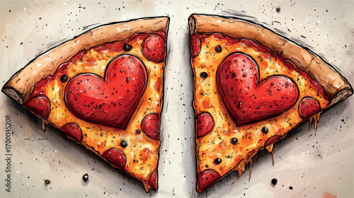 Two pieces of pepperoni pizza with hearts. Pepperoni pizza, mozzarella. Italian pizza. Romantic date in a restaurant. Valentine's Day. Love card template.