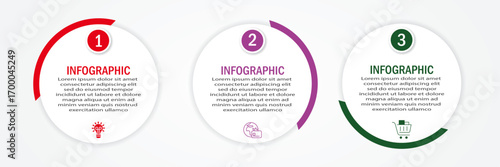 Business process timeline visualization with circular white diagram | 3 steps infographic modern 90 degree border for corporate background for presentation, chart with black background
