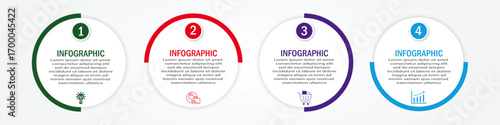 Business process timeline visualization with circular white diagram | 4 steps infographic modern 180 degree two side border for corporate background for presentation, chart with icon