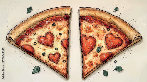 Two pieces of pepperoni pizza with hearts. Pepperoni pizza, mozzarella. Italian pizza. Romantic date in a restaurant. Valentine's Day. Love card template.