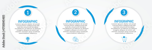 Business process timeline visualization with circular white diagram | 3 steps infographic modern 60 degree two side blue border for corporate background for presentation, chart with icon