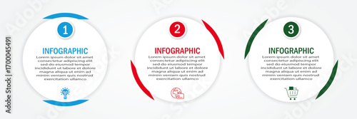 Business process timeline visualization with circular white diagram | 3 steps infographic modern 60 degree two side red border for corporate background for presentation, chart with icon