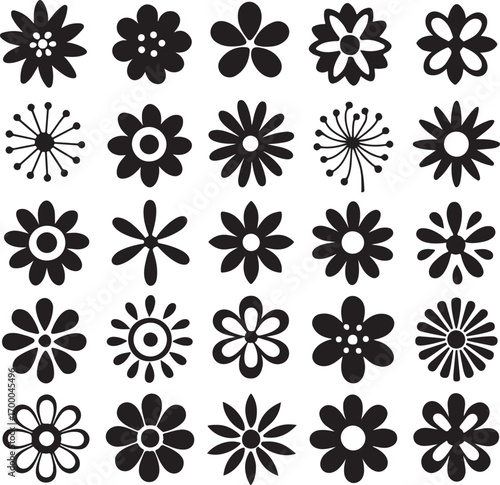 Floral Flourish: A captivating collection of stylized flower icons in striking black and white, creating a visual symphony of design elements, ideal for adding a touch of elegance and simplicity.