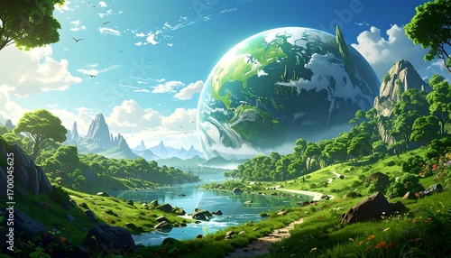 A vibrant, idyllic landscape with a large, hovering planet, showcasing a serene, green valley, and a tranquil river flowing through lush vegetation.