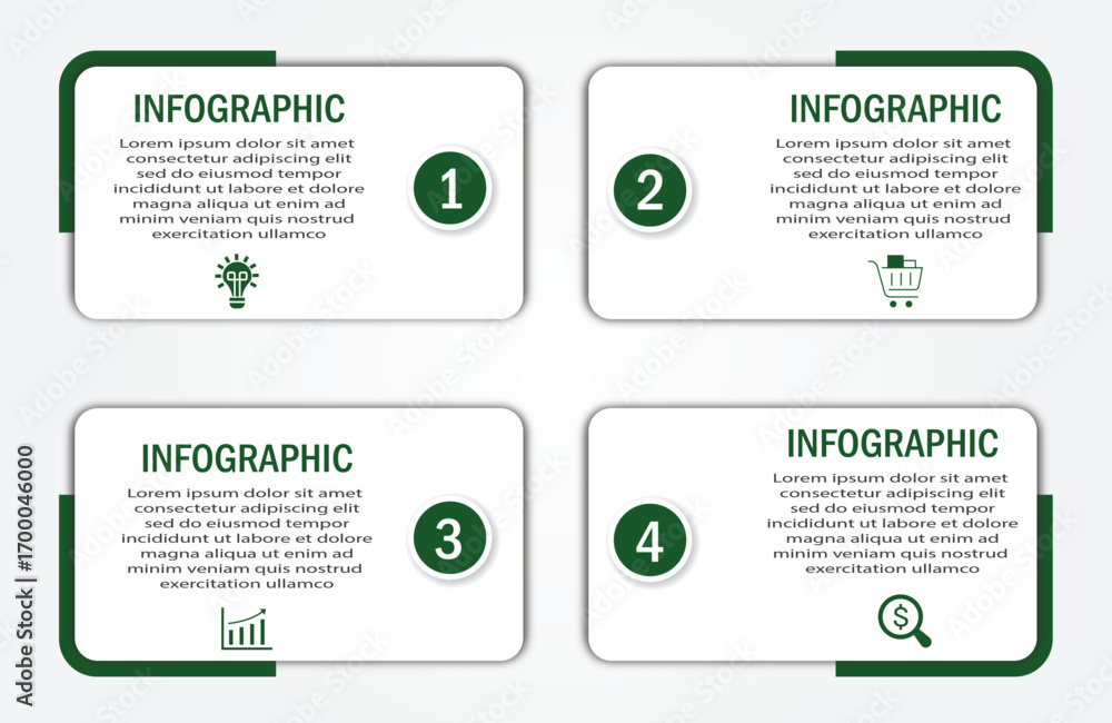 Fototapeta premium Business process visualization with timeline with white diagram | 4 steps infographic modern green corporate background for presentation, chart, data representation with icon