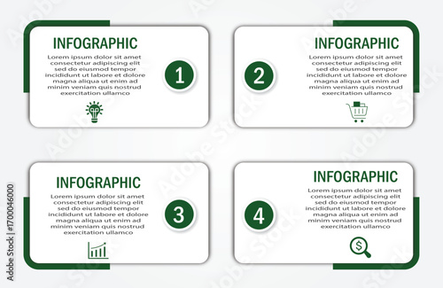 Business process visualization with timeline with white diagram | 4 steps infographic modern green corporate background for presentation, chart, data representation with icon