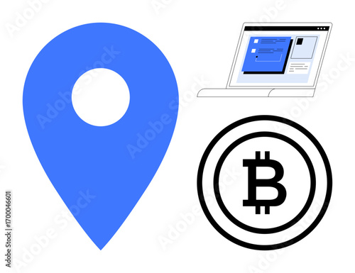 Blue location pin, laptop with data displayed on screen, and Bitcoin emblem. Ideal for finance, cryptocurrency, blockchain, technology, analytics digital marketing innovation. Simple flat metaphor