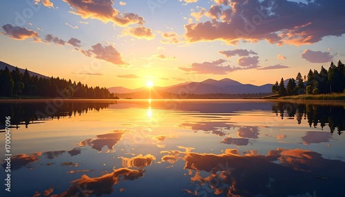 A serene lake landscape reflects a breathtaking sunset, showcasing a tranquil golden hour over the mountains and forest.