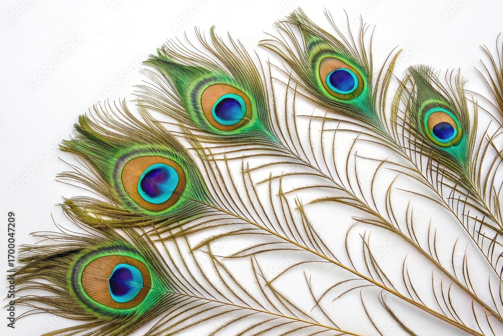 Obraz premium Colorful Peacock Feathers Arranged Beautifully on a Light Background