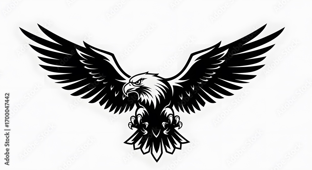 Naklejka premium Black and White Eagle Illustration with Bold Wings Spreading in Dynamic Pose for Logo Design