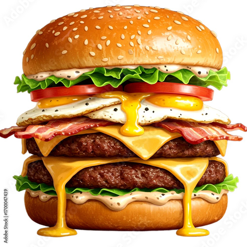 Delicious double cheeseburger with bacon and fried egg on a sesame seed bun