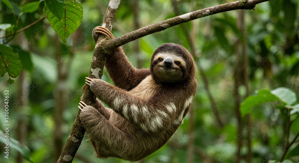 Fototapeta premium Adorable Brown-Throated Sloth Hanging on a Tree Branch in Lush Rainforest