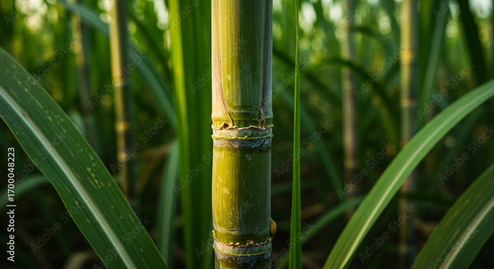 Obraz premium Close-up of Vibrant Green Sugarcane Stalk in Field, Agriculture