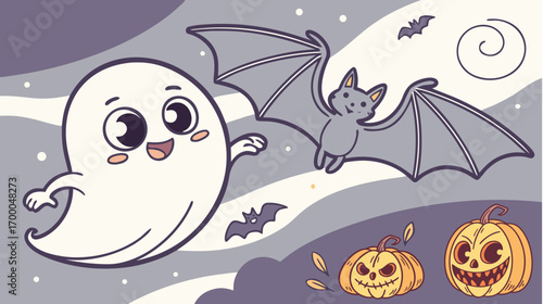 cute ghost and bat halloween illustration flat st