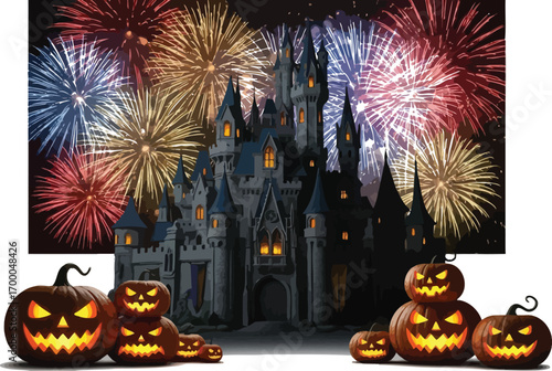 Vector art of halloween night at castle with fireworks and pumpkins spooky halloween scene with castle silhouette and jack o lanterns