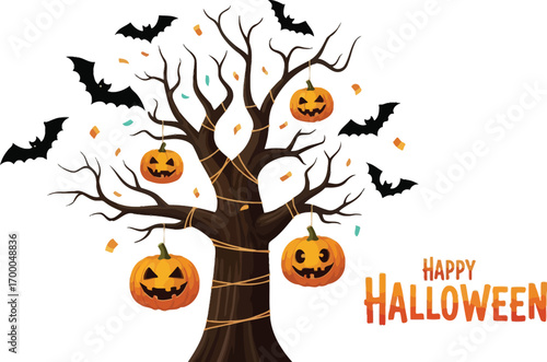Vector art of happy halloween tree with pumpkins and bats halloween concept for graphic design and decoration