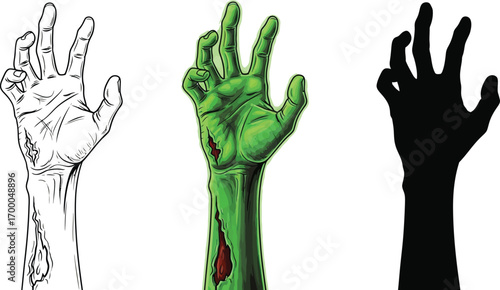 Vector art of three zombie hands in different styles sketch, color, and silhouette halloween concept for graphic design