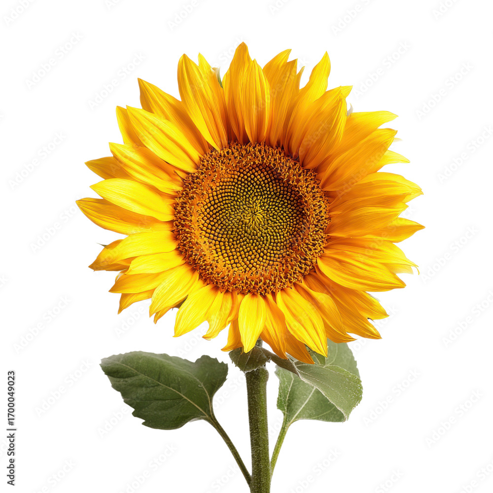Fototapeta premium A sunflower stands tall, displaying bright yellow petals and a detailed center, embodying summer's beauty and warmth