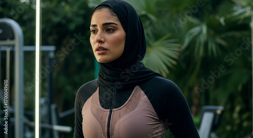 Sweaty Muslim Woman in Hijab After Workout at Outdoor Gym