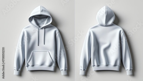 White hoodie front and back view, showcasing minimalist design, kangaroo pocket, hood, and drawstrings, perfect for apparel mockups or branding presentations.