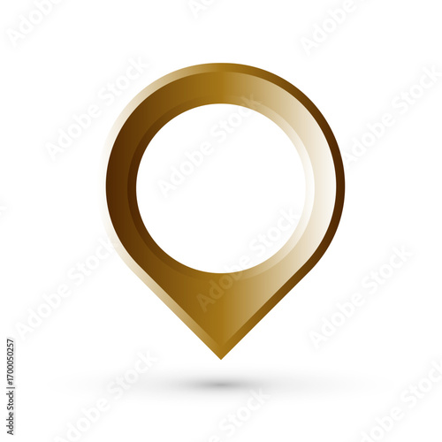 Golden 3D location pin icon with shadow on a white background. Modern glossy map pointer symbol, perfect for GPS navigation, travel, tourism, business location services. Vector Illustration concept