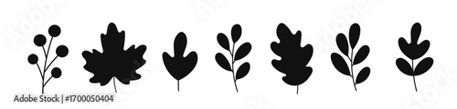 Collection of black silhouette icons of autumn leaves. Perfect vector for seasonal designs, fall decorations, harvest festival materials, and autumn-themed projects.