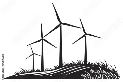 Silhouette of wind turbines on a grassy hill.