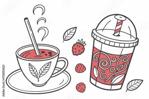 Hand-drawn illustration of a steaming hot cup of tea with a straw and an iced strawberry drink in a plastic cup, accompanied by fresh strawberries and leaves.