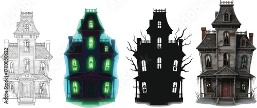 Vector art of haunted house in different style for halloween celebration and spooky atmosphere in october