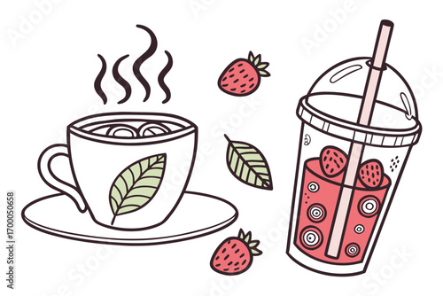 A steaming cup of tea with a leaf design and a refreshing strawberry drink with a straw, surrounded by strawberries and leaves.