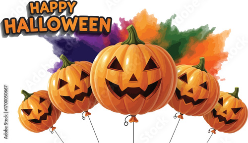Vector art of happy halloween with pumpkin balloons and colorful smoke for celebration of holiday in october