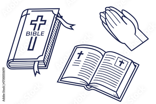 Illustration of a Bible, open book, and praying hands.