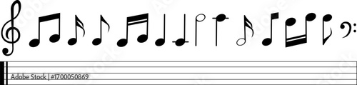 Musical notes and clef symbols with staff isolated on transparent background. Vector EPS 10