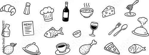Hand drawn food and drink doodle icon set isolated on transparent background. Vector EPS 10