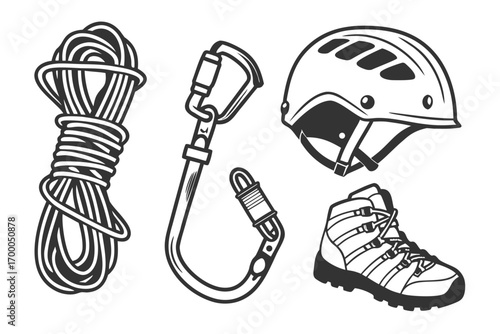 Climbing equipment: rope, carabiner, helmet, and hiking boot illustration.