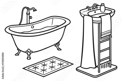 Line drawing of a clawfoot bathtub, pedestal sink, and bath mat.